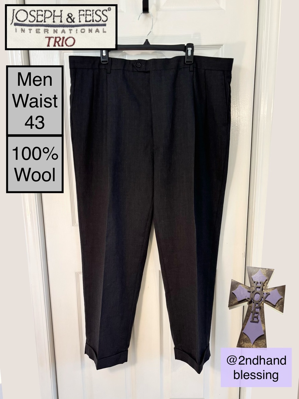 Joseph & Feiss Men's 100% Wool Dress Pants, W43 L29.5, Dark Grey